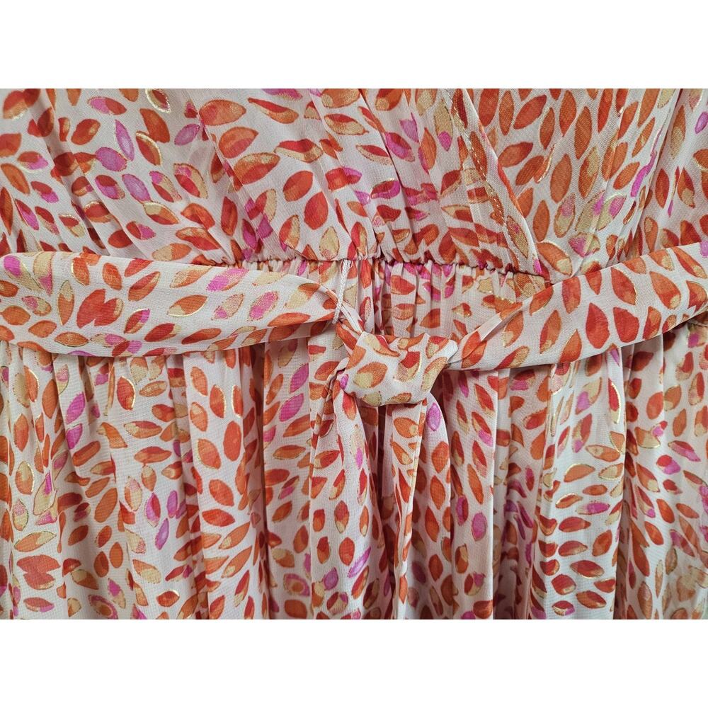 ALEXA B Women's 14 Maxi Dress Chiffon Orange Pink Leaves Tie Belt Long Sleeve 40 - Picture 6 of 11
